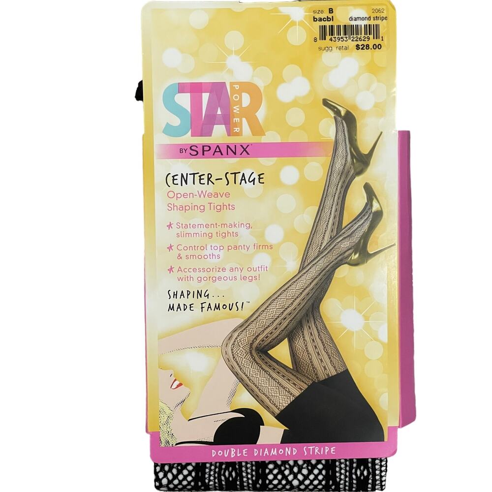 Star Power Spanx Center Stage Shaping Tights 2062 Open Diamond Stripe Black Sz B
